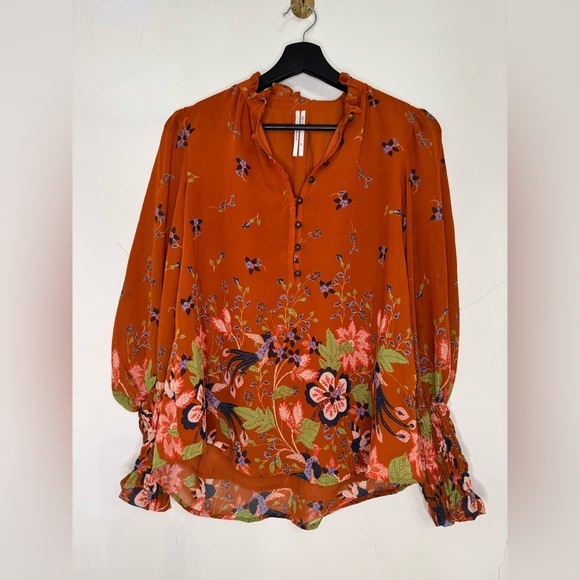 Women’s Anthropologie Boho Floral Motif Chiffon Festival Puff Sleeve Blouse - Picture 2 of 8